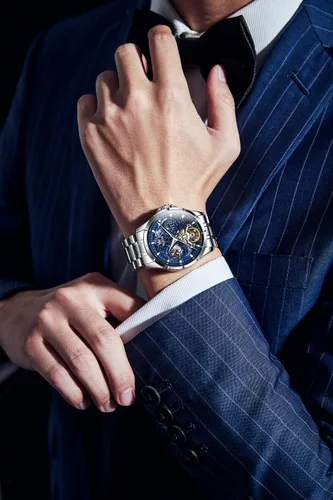 Vista 2 de OLEVS Relojes mecánicos automáticos para hombre, vestido de lujo, impermeable, cuerda automática, cronógrafo, de acero inoxidable, fecha luminosa