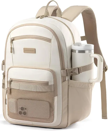 Vista 9 de LOVEVOOK Mochila para laptop para mujeres/hombres con correa de hebilla mejorada para portavasos y bolsillo de malla versátil, Negro, 15,6 pulg.