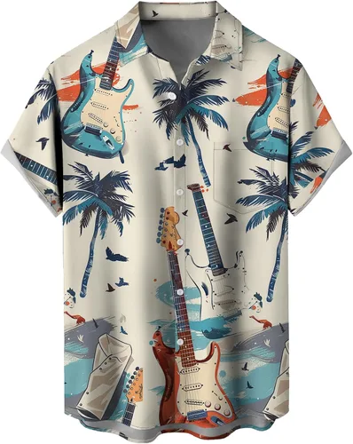 Vista 37 de Camisas tropicales con botones para hombre, camisas hawaianas de manga corta, casuales para vacaciones, camisas de playa holgadas Beige-playa escena