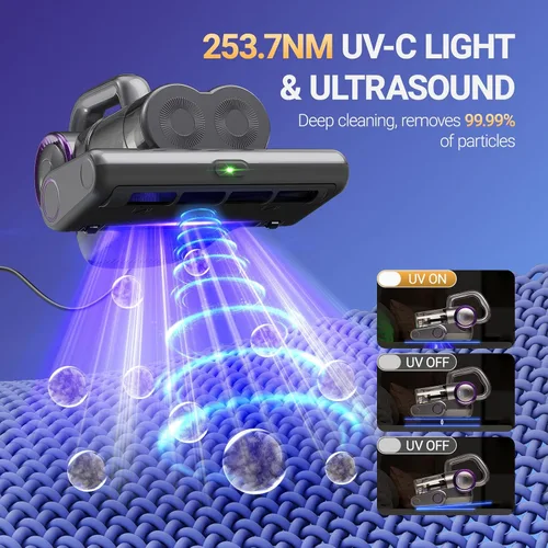 Vista 3 de FEPPO Aspiradora de colchón, aspiradora de cama de 16 Kpa con luz UV-C de 253.7 nm, calor de 140 °F, filtro HEPA y ultrasónica, aspiradora de mano