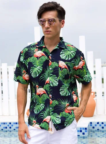Vista 3 de Janmid Camisas hawaianas florales de manga corta con botones para hombre