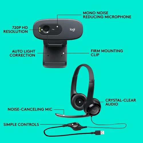 Vista 6 de Logitech Auriculares USB H390 con micrófono de cancelación de ruido y cámara web C270 de escritorio o portátil, pantalla ancha HD 720p