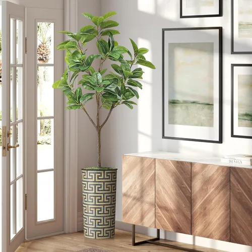 Vista 15 de Árbol artificial en macetero con patrón geométrico moderno, palmera tropical areca artificial de seda para decoración del hogar en interiores
