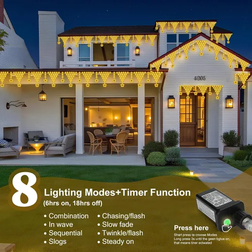 Vista 3 de Guirnalda de luces de Navidad para exteriores, impermeable, 218 LED de 13.8 ft, cortina de luces de hadas con 12 gotas conectables, alambre