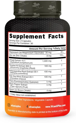 Vista 8 de Cápsulas Pure Shilajit – Shilajit orgánico para hombres y mujeres con Tongkat Ali, Ashwagandha, musgo marino irlandés, magnesio, zinc, PQQ, extracto