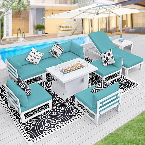 Vista 21 de BULEXYARD - Sofá modular de aluminio para exteriores con mesa para fogata, 7 piezas, color verde azulado