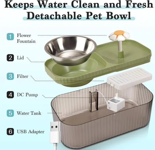 Vista 5 de Fuente de agua para gatos en el interior, suministros de alimentación y riego para gatos, dispensador de agua automático súper silencioso