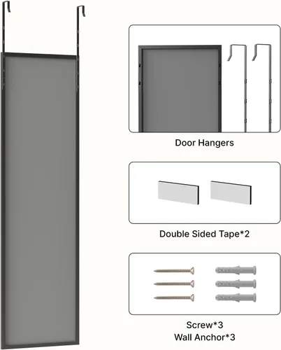 Vista 7 de Kosmonia - Espejo de puerta de longitud completa de 48x14 pulgadas de vidrio templado - Para colgar sobre la puerta, instalación sin perforación