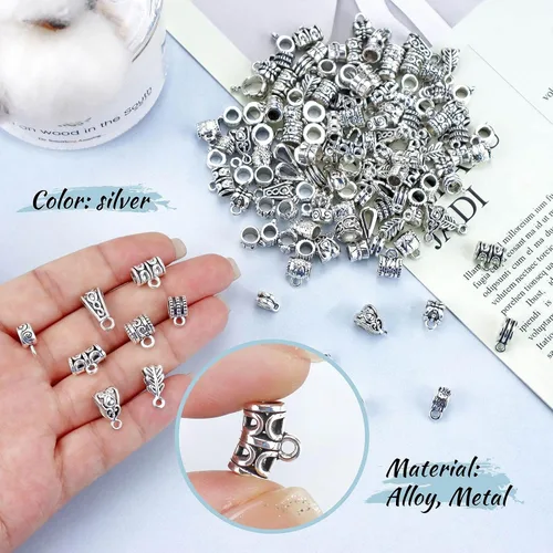 Vista 3 de JIALEEY 125 piezas de cuentas de tubo de fianza de plata tibetana antigua mezclada, cuentas de fianza, cuentas espaciadoras, colgador de cuentas