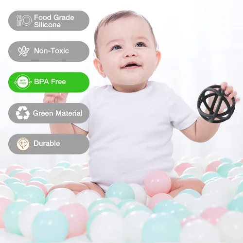 Vista 5 de Juguete de bola de mordedor para bebé, bola suave de silicona sin BPA, fácil de sostener para bebés a partir de 6 meses (arcilla)