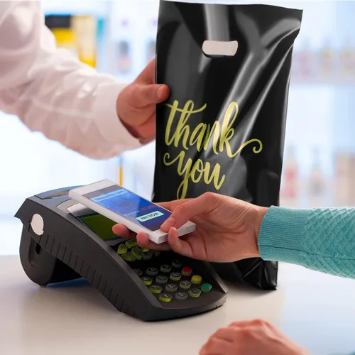 Vista 6 de 200 bolsas de plástico de agradecimiento con asas, bolsas de plástico troqueladas, bolsas de mercancía de compras a granel, 3 tamaños, paquete