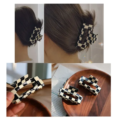Vista 3 de Pinzas para el cabello a cuadros, 2 pinzas de pelo vintage a cuadros, pinzas de garra fuertes, pasadores para cabello grueso y fino, pinzas
