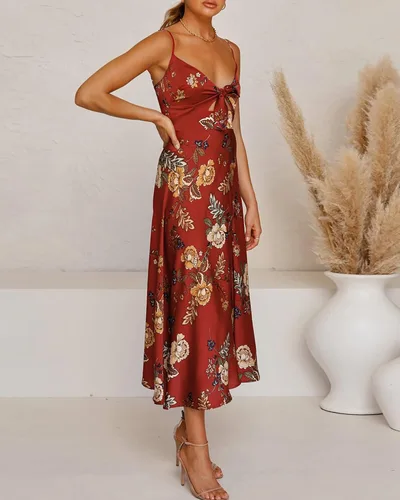 Vista 4 de Vestido de satén con largo por debajo de la rodilla para mujer, diseño con tirantes delgados, lazo frontal, espalda descubierta, abertura y calado