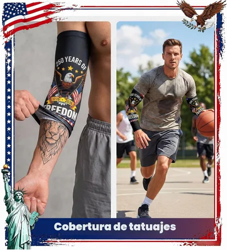 Vista 5 de Aegend - Mangas de protección solar con compresión, para cubrir tatuajes, mangas solares para hombres, mujeres y jóvenes América 01