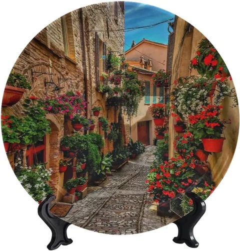Vista 70 de Plato decorativo colgante de cerámica con temática de paisaje, plato decorativo redondo de plantas en maceta, con soporte decorativo, para sala