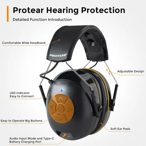 Vista 2 de Protección auditiva con Bluetooth, auriculares inalámbricos con cancelación de ruido 30 dB SNR, sin función de radio, orejeras de batería Batería
