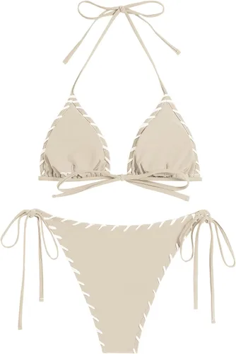 Vista 4 de ZAFUL Conjunto de bikini con textura ondulada de dos piezas para mujer, traje de baño estilo halter atrevido