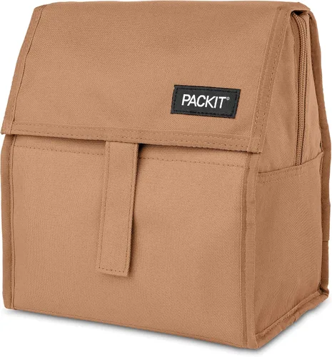 Vista 4 de PackIt® Bolsa de almuerzo congelable, almendra, fabricada con tecnología ECOFREEZE®, plegable, reutilizable, cierre de cremallera y pliegue con asa