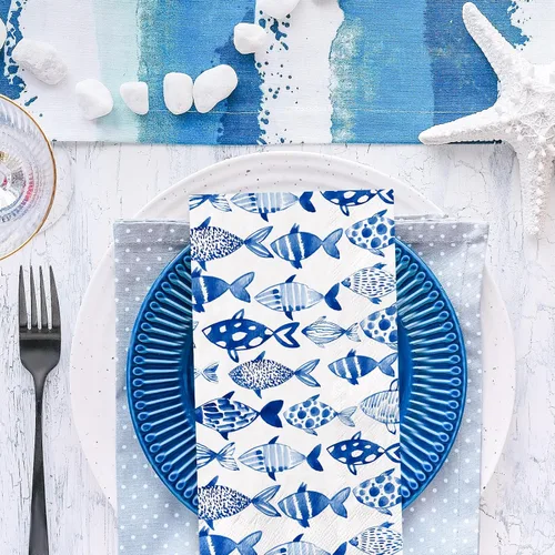 Vista 3 de 80 servilletas de papel desechables de peces oceánicos de acuarela azul, servilletas de papel decorativas para cena, toalla de mano para verano