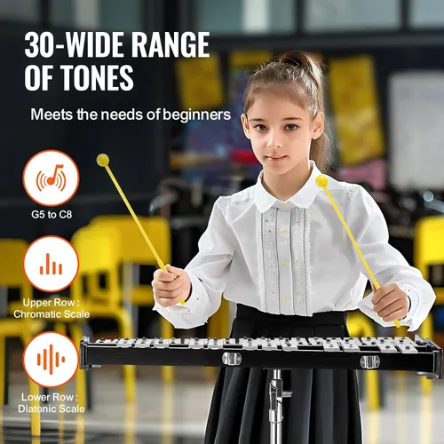 Vista 3 de VEVOR Kit de Xilófono Glockenspiel de 30 Notas, Juego de Instrumentos de Percusión Profesional con Mazos, Baquetas, Atril, Almohadilla de Práctica