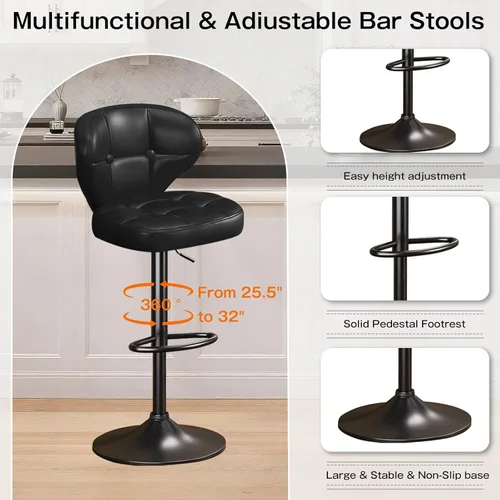 Vista 5 de Juego de 2 taburetes de bar, taburetes de bar giratorios ajustables con respaldo, sillas de bar de altura de mostrador con reposapiés, asiento Negro