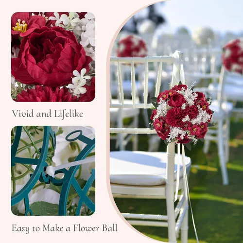 Vista 5 de Bolas de flores artificiales para centros de mesa: 2 piezas de rosas rojas para centros de mesa, arreglos florales, centro de mesa para bodas