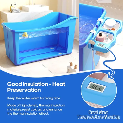 Vista 6 de Bañera plegable para bebé, bañera plegable para niños pequeños, bañera portátil grande plegable para niños pequeños pequeña con termómetro y cesta