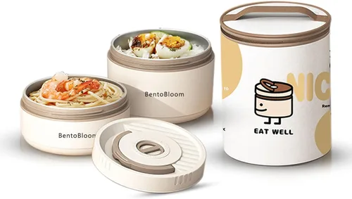 Vista 8 de Bento Box - Lonchera redonda apilable para mujeres (15.2 fl oz y 20.3 fl oz) con bolsa de transporte aislada, insertos extraíbles de acero