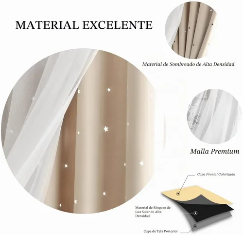 Vista 3 de Loyala Cortinas opacas de doble capa con diseño de estrellas para dormitorio de niños, bonitas, 63 pulgadas de largo, juego de 2 paneles, beige, 42