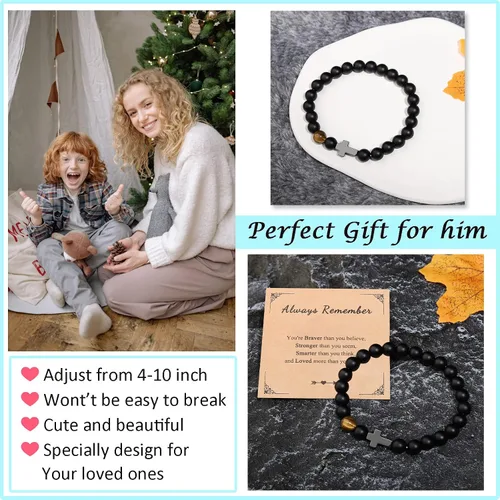 Vista 2 de To Mens Boys Beaded Cross Bracelet Gifts for Dad, Bonus Dad, Uncle, Son, Nephew, Grandson - Fathers Day Birthday Christmas Gifts First Communion