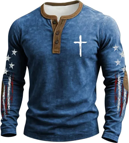 Vista 10 de Camisa Henley con la bandera estadounidense para hombre, cuello en V, manga larga, con estampado de Jesús, camiseta patriótica casual con botones