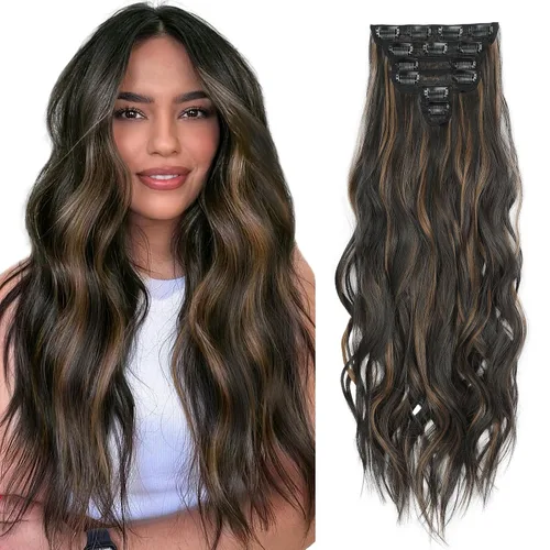 Vista 12 de Extensiones de cabello con clip para mujer, mezcla negra oscura con reflejos marrón claro, 20 pulgadas, 6 piezas, extensiones de cabello largo
