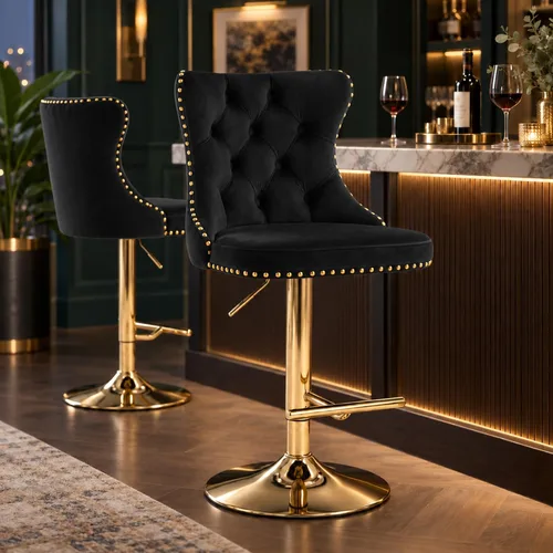 Vista 7 de Taburete de bar moderno giratorio de altura de pub, silla de comedor alta con asiento de terciopelo, respaldo, taburete hidráulico sin brazos Negro