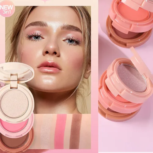 Vista 5 de Trío mezclable 3 en 1, paleta de maquillaje de contorno y rubor, bronceador crema, rubor en polvo suave y sedoso, polvo de maquillaje iluminador 01