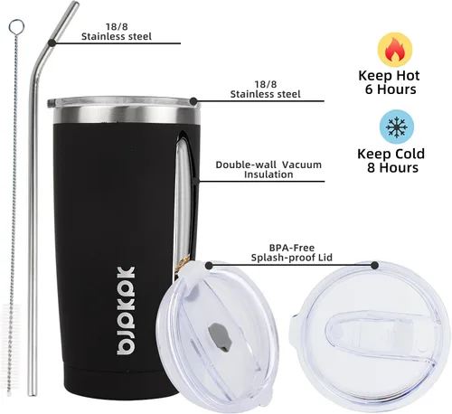 Vista 2 de BJPKPK Vaso térmico negro con tapa y pajita, de acero inoxidable, de 20 onzas, para café Pintura de caucho negro