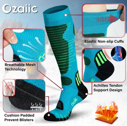 Vista 4 de Calcetines de esquí de lana merino para hombre y mujer, 2 pares para esquí, snowboard, térmicos hasta la rodilla, calcetines de rendimiento
