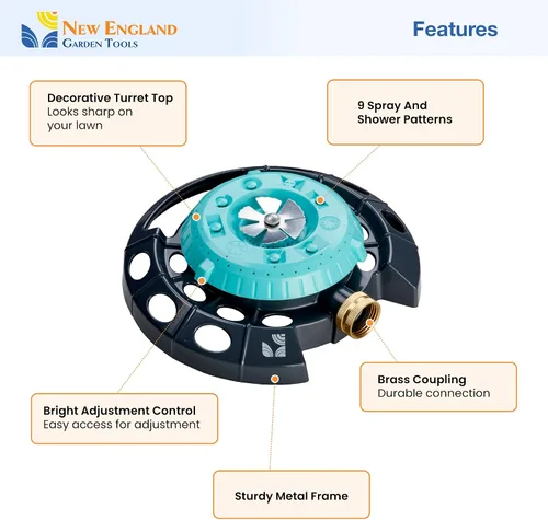 Vista 3 de Rociador de puntos multipatrón 400001 – 9 patrones de pulverización ajustables, base de metal resistente, diseño de torreta decorativa, riego