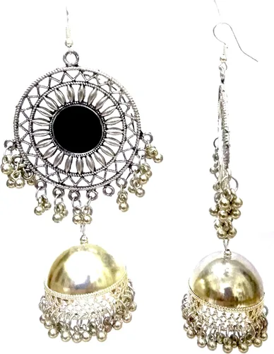 Vista 2 de DESI HAWKER pendiente de plata oxidada Bali Jhumki Jhumka joyería Bollywood étnico indio gota cuelga grande lámpara NI-229