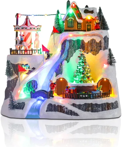 Vista 10 de Casas de Pueblo Navideño Edificios Coleccionables de Navidad Campanario con Luces LED, Pueblo de Vacaciones Navideñas Musical con USB Figuras