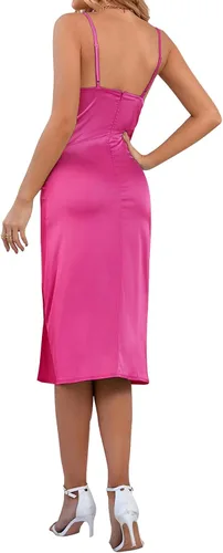 Vista 2 de LYANER - Vestido de satén para mujer, sin mangas, por debajo de la rodilla, con cuello drapeado, holgado y tirantes delgados, estilo camisola
