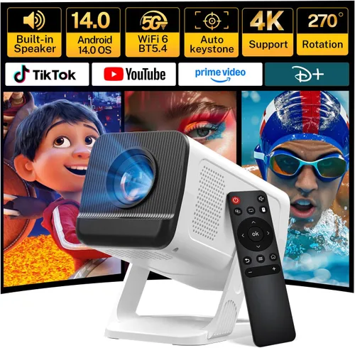 Vista 16 de Mini proyector 1080P 4K compatible con WiFi 6 y Bluetooth 5.4 Aplicaciones integradas Android 14 Auto Keystone Proyector portátil al aire libre