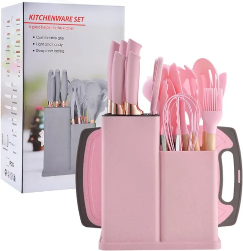Vista 12 de Juego de utensilios de cocina y cuchillos de 19 piezas con bloque, 9 piezas de utensilios de cocina de silicona, 5 piezas afiladas de acero Beige
