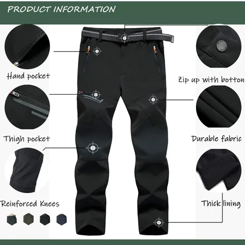 Vista 5 de TACVASEN pantalones de senderismo para hombre, con forro polar, reforzados en las rodillas, ligeros, para esquí y snowboard, sin cinturón