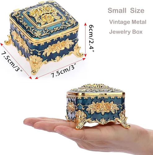 Vista 3 de Hipiwe Caja de Joyería de Metal Vintage - Pequeño Organizador de Baratijas Caja para Anillos con Patrón de Rosas, Caja de Almacenamiento de Joyas