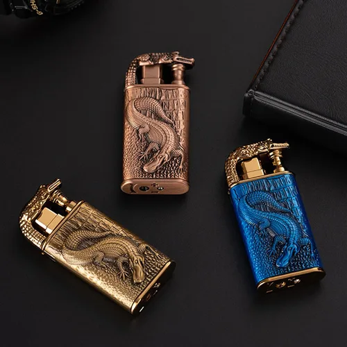 Vista 7 de Encendedor de antorcha, diseño de cocodrilo en relieve, encendedor mágico de doble llama con herramienta de llama de ajuste, encendedores de butano