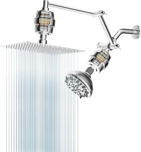 Vista 8 de Cabezal de ducha de metal, cabezal de ducha de mano doble de alta presión de 10 pulgadas con brazo de extensión de ducha ajustable de 16 pulgadas, 7