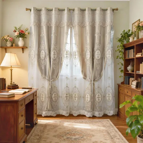 Vista 9 de Amidoudou 1 par de cortinas europeas de doble capa con cenefas para sala de estar, dormitorio, cortinas bordadas con flores 3D de lujo