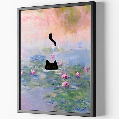 Vista 8 de Arte de pared divertido enmarcado de gato Monet Waterlily Cat Poster para habitación decoración estética, lindas imágenes de gato negro, impresiones