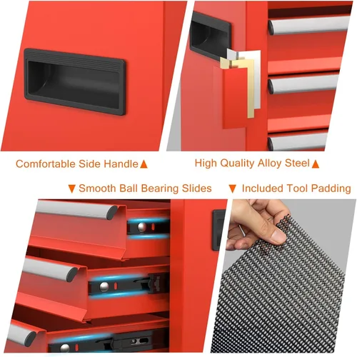 Vista 6 de Caja de herramientas portátil de metal con cajones, caja de herramientas con cierres con forros EVC, cofre de herramientas resistente con Rojo