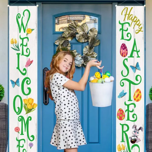 Vista 2 de Letrero de fiesta de Pascua para decoración de Pascua, cartel de bienvenida para puerta delantera, para colgar en interiores y exteriores